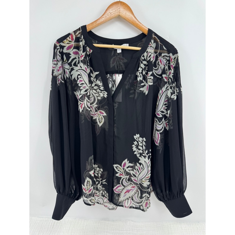 New Chicos Pintuck Sleeve Blouse Women 3 XL‎ Black Floral Medallion Chiffon Top